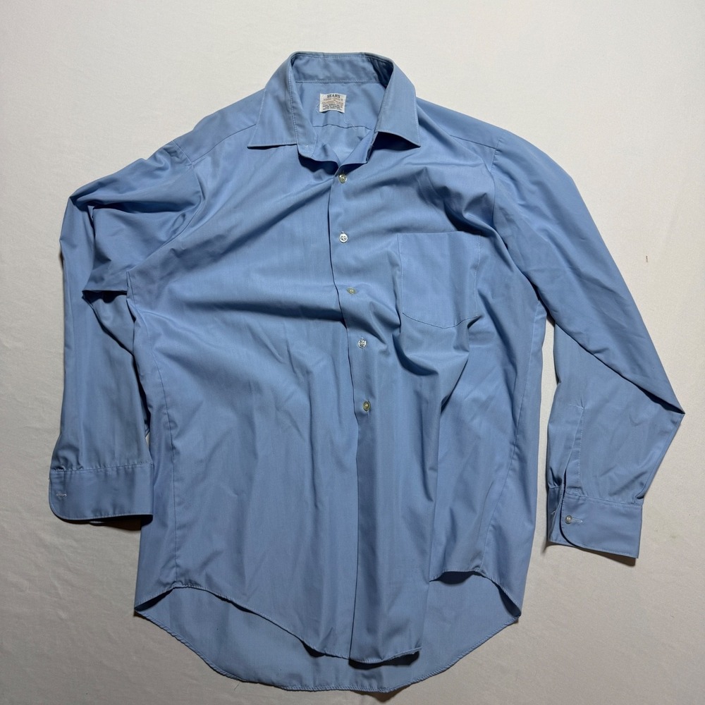 Vintage Sears Perma-Prest Mens Light Blue Dress Shirt 18-34 Hong Kong 70s 80s